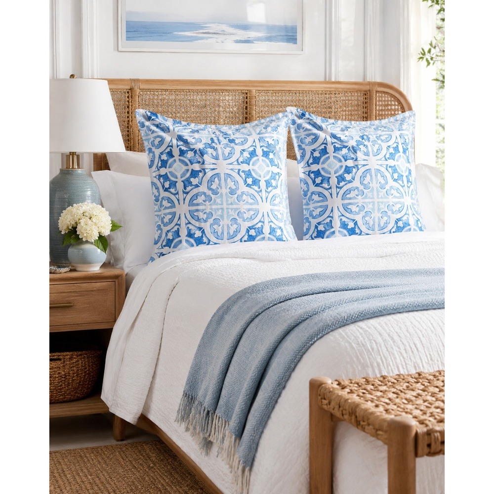Charter Club Painted Tile Euro Shams Set Blue White Boho Coastal Cotton Beach
